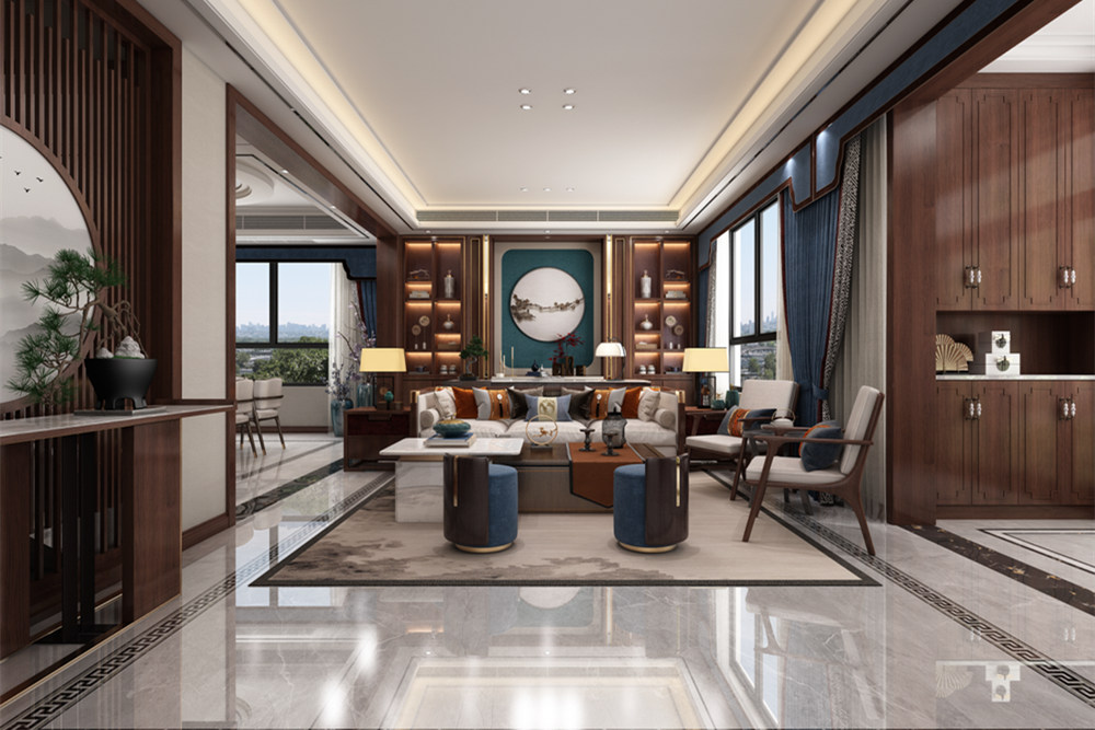 連云港市保利海上羅蘭新中式風格三居室裝修案例